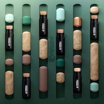 Elegant flat lay of foundation sticks and colors on a textured background.